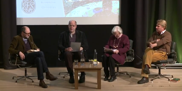 Henry Sutton Mark Lawson PD James and Jason Webster on stage at The British Library The Story of Crime Fiction event