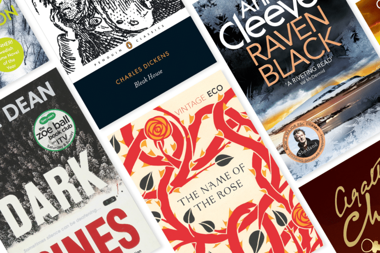 Image showing a selection of the best atmospheric crime novels according to authors, including The Name of the Rose by Umberto Eco, Bleak House by Charles Dickens, Dark Pines by Will Dean and Raven Black by Ann Cleeves