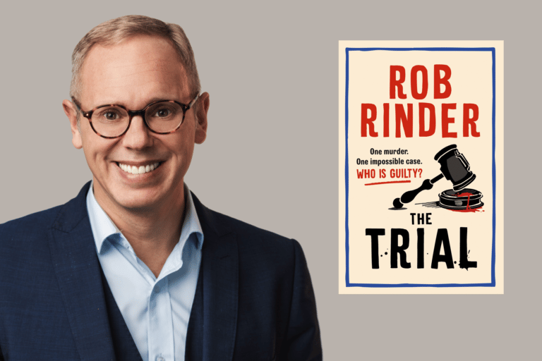 Photo of barrister and broadcaster Rob Rinder next to an image of his first crime novel, The Trial