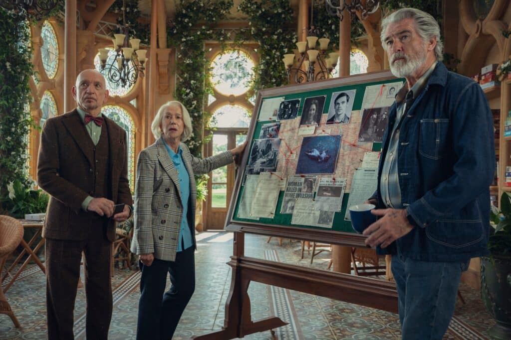 Sir Ben Kingsley, Helen Mirren and Pierce Brosnan in The Thursday Murder Club film.
