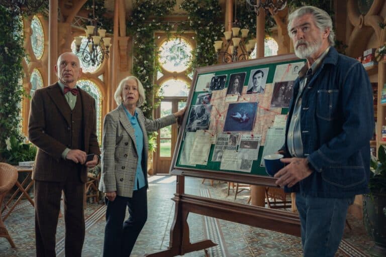 Sir Ben Kingsley, Helen Mirren and Pierce Brosnan in The Thursday Murder Club film.