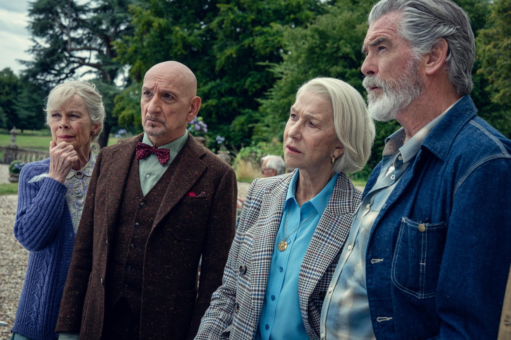 Celia Imrie, Sir Ben Kingsley, Helen Mirren and Pierce Brosnan in the cast of The Thursday Murder Club film.