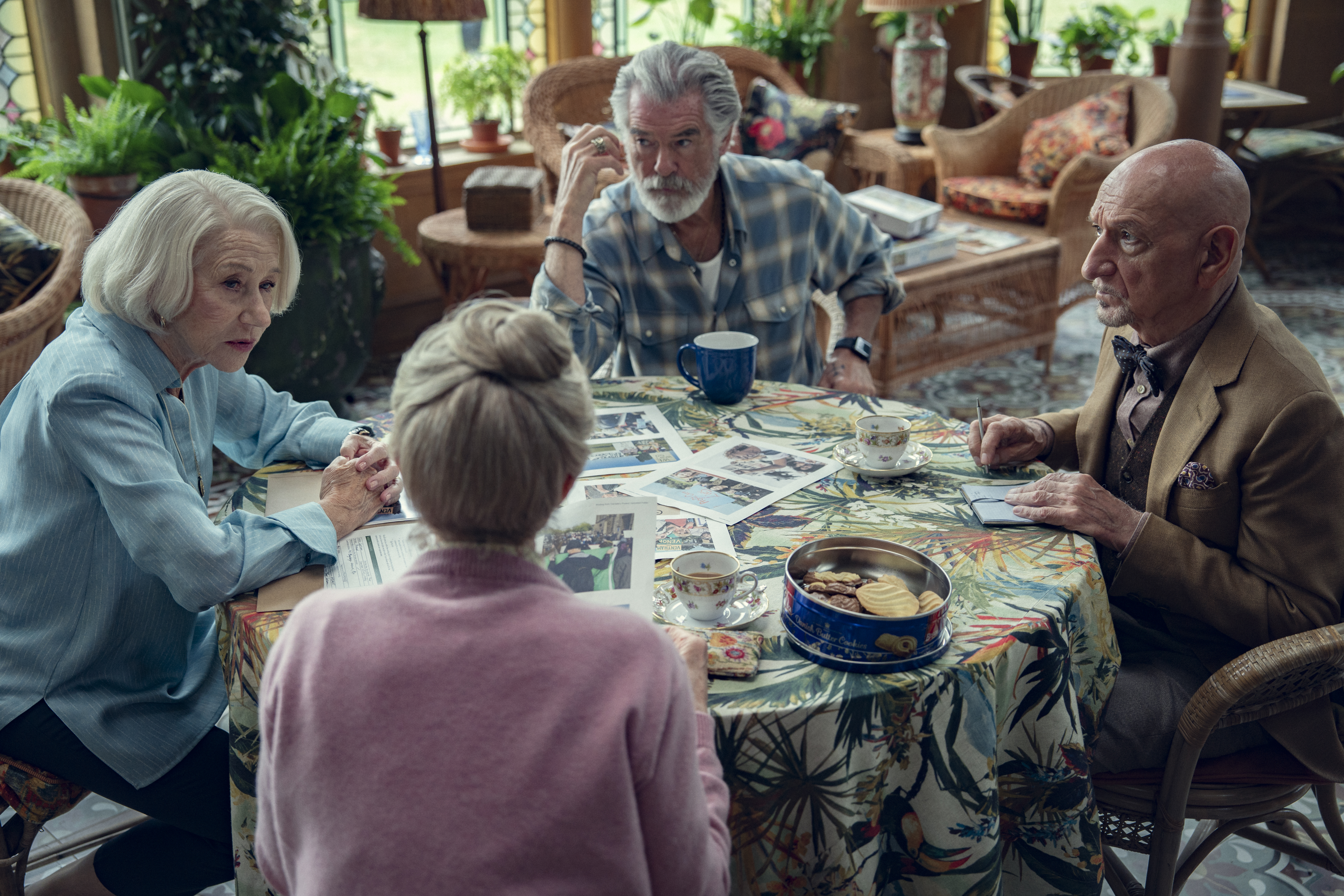 Helen Mirren, Pierce Brosnan, Sir Ben Kinglsey and Celia Imrie in The Thursday Murder Club film.